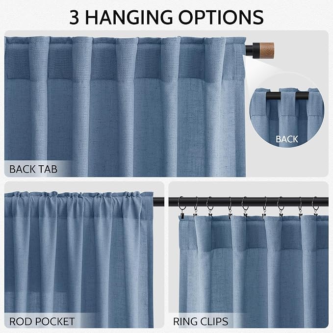 Stone Blue Linen Curtains 120 Inch Extra Long for Living Room Back Tab Light Filtering Semi Sheer Drapes Modern Farmhouse Boho Textured Curtain for Floor to Ceiling High Window 52x120,2 Panels