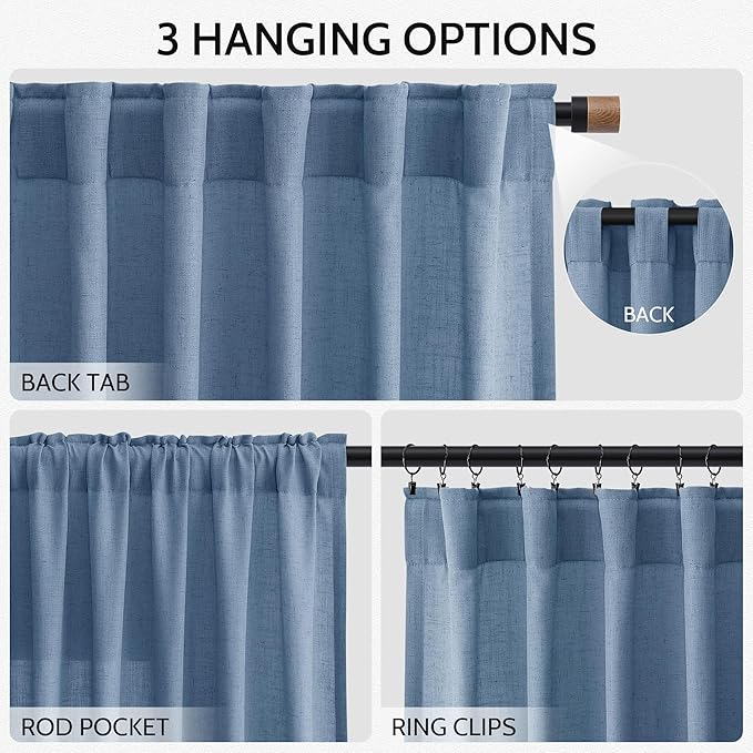 Stone Blue Linen Curtains 96 Inches Long for Bedroom Back Tab Modern Simplicity Farmhouse Coastal Decor Light Filtering Curtain for Living Room Dinning Room 52x96 8 FT,2 Panels