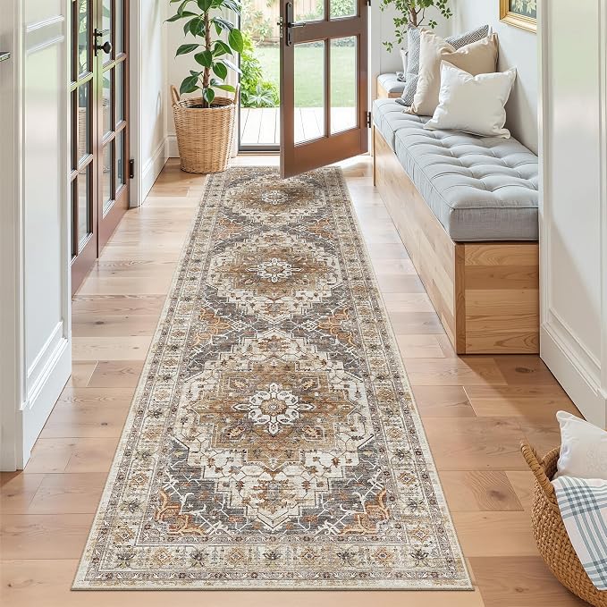 Madane Kitchen Runner Rug 2x7 with Rubber Backing Non Slip, Turmeric/Grey | Vintage Ultra-Thin Machine Washable Hallway Rugs 7 ft, Soft Low-Pile Throw Carpet Runners for Bedroom Bathroom Laundry Room