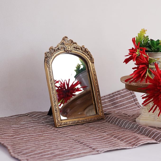 HSDDHOME Small Gold Vintage Vanity Desk Makeup Mirror Antique Decorative Wall Mirror,Resin Carved Arch Table Mirror with Stand for Living Room,Bedroom Dresser,Desktop Decor 10.2" x 7" ﻿