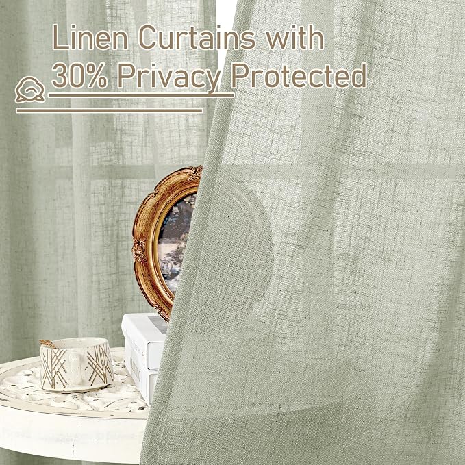 Linen Sheer Curtains for Living Room 84 Inch Length 2 Panels Set | Sage Grey, Light Filtering, Curtains for Bedroom, Neutral Rustic, Farmhouse Boho Panels, Bronze Grommet, 52 x 84 Inch