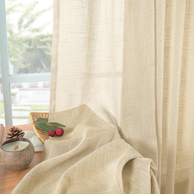 YoungsTex Natural Linen Semi Sheer Curtains 63 Inch Length, Light Filtering Drapes Textured with Rod Pocket Back Tab for Bedroom Living Room Window Lightweight, 2 Panels, 42 X 63 Inch