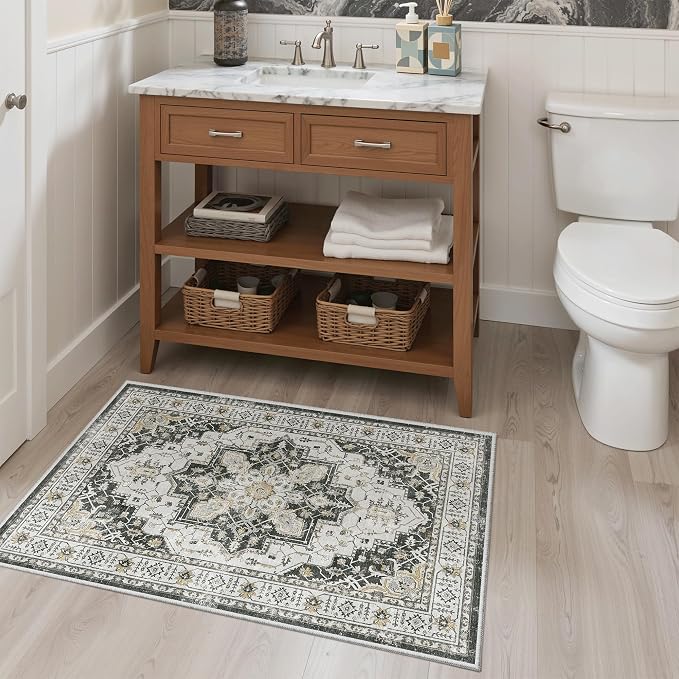 Madane Washable Area Rug 2x3 Small Entryway Rugs Non-Slip, Black | Vintage Stain-Resistant Door Mat Indoor Entrance, Low Pile Floor Carpet for Inside Front Bedroom Kitchen Entry Laundry, Stair