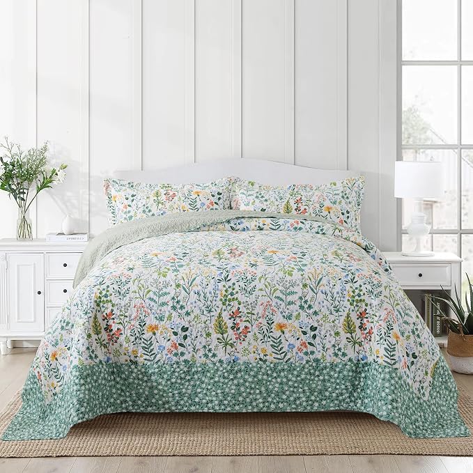 NEWLAKE Cotton Bedspread Quilt Sets-Reversible Patchwork Coverlet Set, Green Classic Floral Pattern, California King Size