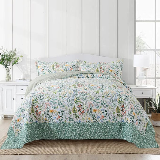 NEWLAKE Cotton Bedspread Quilt Sets-Reversible Patchwork Coverlet Set, Green Classic Floral Pattern, California King Size