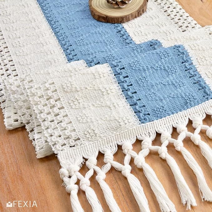 FEXIA Boho Table Runner for Home Decor 12x72 Light Blue Farmhouse Decor | 72 Inches Long with Tassels Rustic Table Runner Macrame Burlap Centerpieces for Living Dining Room Bedroom for Baby Shower