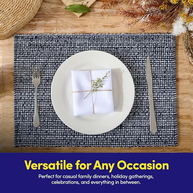 Sweet Home Collection 100% Cotton Placemats for Dining Room Rectangle Two Tone Woven Fabric 13" x 19" Soft Durable Table Mat Set, Set of 4, Navy