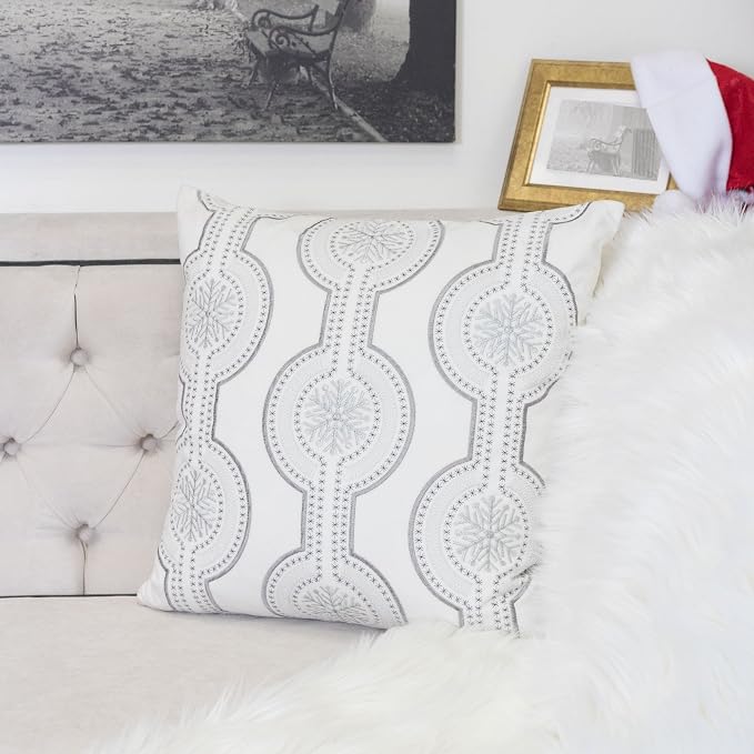 Embroidery White Velvet Throw Pillow Cover, Merry Christmas Series Snowflake Drop Luxury Soft Fuzzy Cozy Warm Slik Gift Square Couch Cushion Pillow Case 20 x 20 Inch, Cover Only