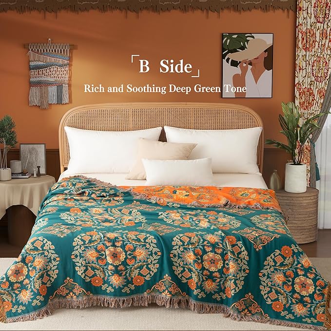 Phuryllic Boho Throw Blanket Full Size, Extra Large Soft Cozy Cotton Muslin Quilt Blanket for Bed Decor, Floral Patterned Couch Sofa Chair Cover, Vintage Farmhouse Cottage Woven Blanket, Orange&Green