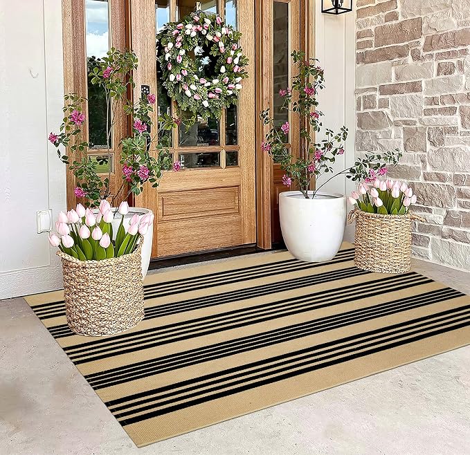 BUAGETUP Outdoor Rug 3'x 5',Khaki and Black Striped Area Rug Cotton Woven Washable Rug Indoor/Outdoor Area Rug Floor Mat for Farmhouse Living Room Bedroom