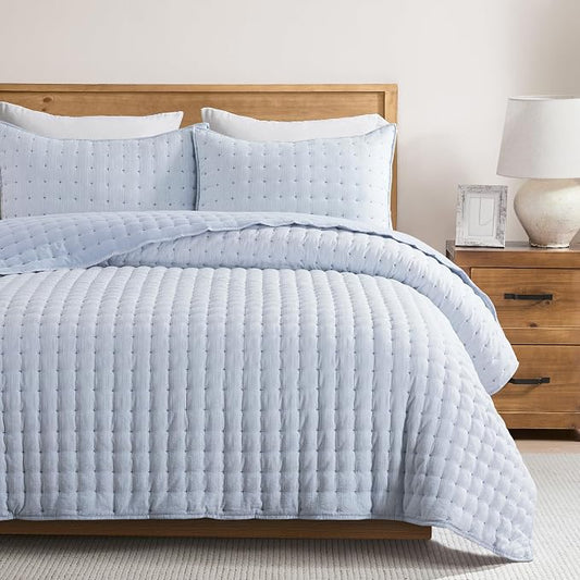 WDCOZY Blue Cloud Quilt Set Twin Size, Lightweight Soft Cross Stitch Bedspread, Textured Like Linen, Farmhouse Rustic Country Coverlet, Spring Summer Thin Comforter, 2 Pieces, 68x90 inches
