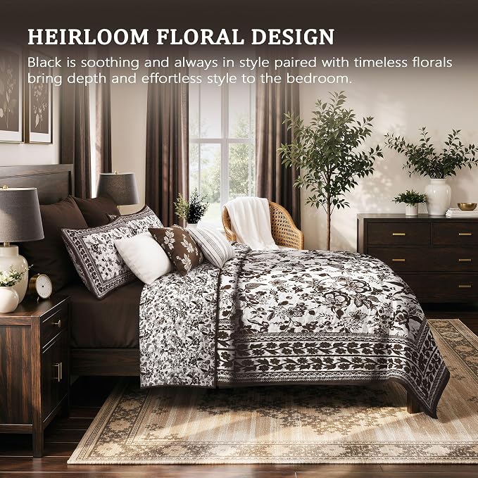 FLYMME Brown and White Vintage Floral Quilt Set Twin Size, 2-Piece Classic Reversible Bedspread Coverlet with 1 Pillow Sham, Lightweight Botanical Bedding Set for All Season