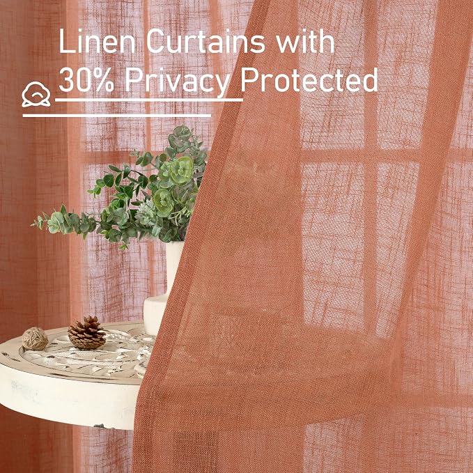 80 Inch Length Terracotta Linen Sheer Curtains for Living Room | Light Filtering, Rustic Boho Drapes, Fall Decor, Curtains for Bedroom, Farmhouse, Bronze Grommet, 2 Panels, 52 x 80 Inch