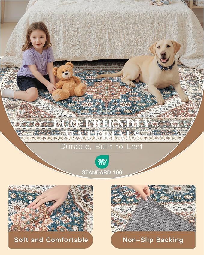 Madane Hallway Runner Rug 2'6''x12' Kitchen Runners Vintage, Navy Blue | Non-Slip Washable Rugs 12ft for Laundry Room, Entryway and Bedroom, Soft Low Pile Stain-Resistant Wide 2.5x12 Ft Floor Carpet