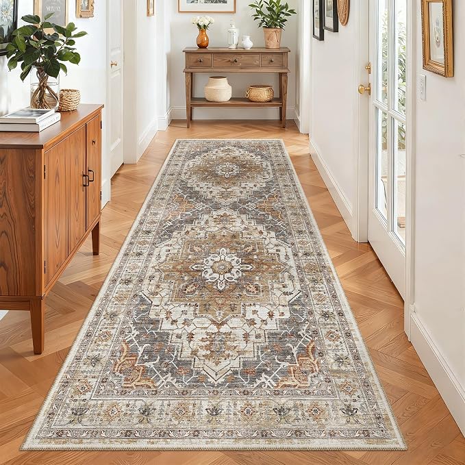 Madane Hallway Runner 3x8, Kitchen Rugs Washable Entry Rug, Turmeric/Grey | Vintage Non Slip Entryway Indoor Area Rugs, Soft Low-Pile Farmhouse Wide Carpet Runners for Bathroom Living Room Bedroom