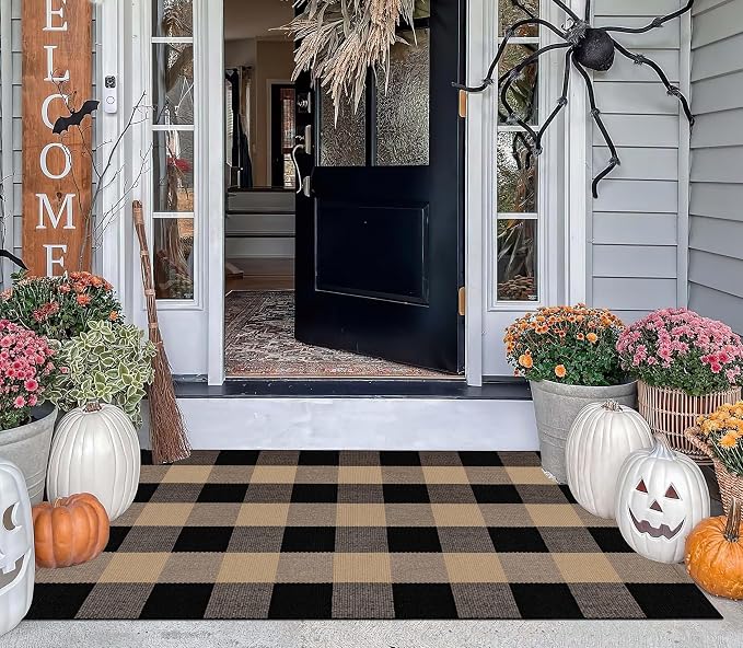 Khaki and Black Outdoor Rug 27.5''x 43.3''Checkered Layered Doormat Cotton Woven Washable Farmhouse Door Mats Outdoor for Front Porch,Entryway,Bedroom,Patio