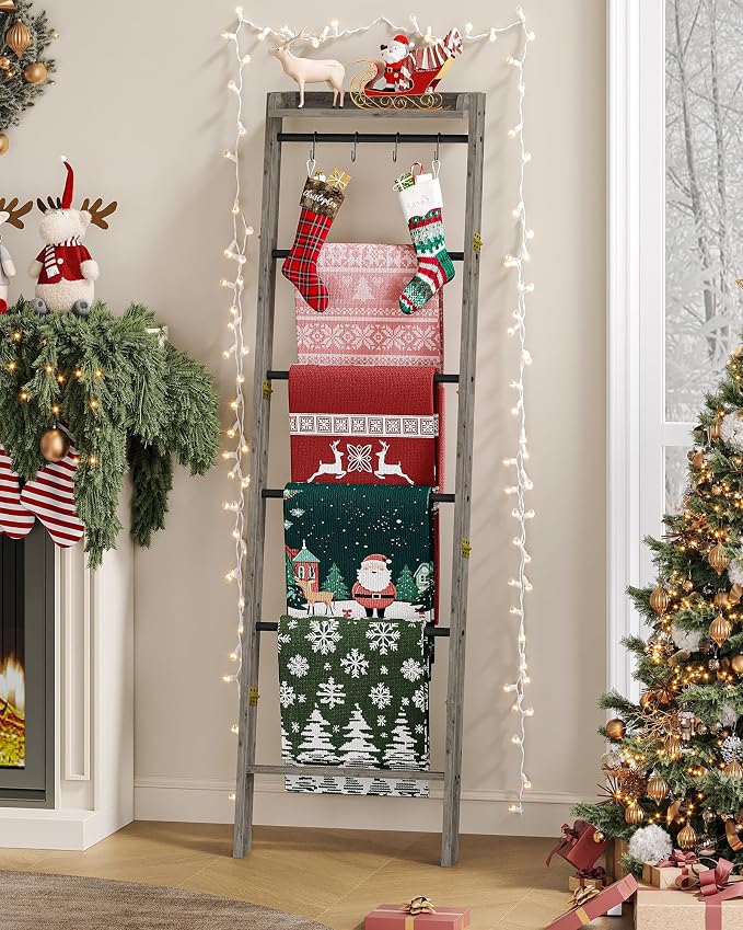 Hzuaneri Blanket Ladder Shelf, Farmhouse Ladder Holder, Blanket Organizer | 7-Tier Decorative Quilt Rack with 4 Removable Hooks 7.9" D x 17.3" W x 66.9" H, Greige BR36805B