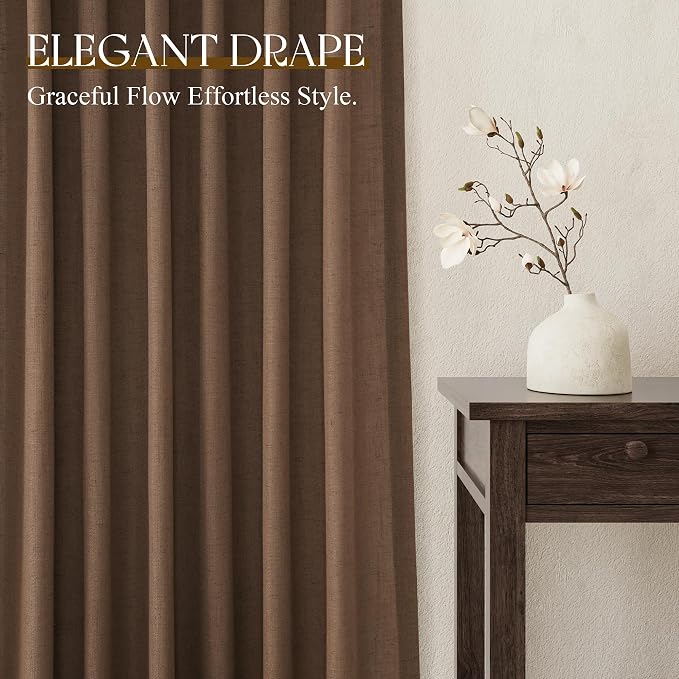 Jowels Caramel Brown Linen Curtains 84 Inch Long 2 Panels for Living Room | Light Filtering Semi Sheer Curtain, Back Tab Pocket Pleated Look, Boho Farmhouse Textured Privacy Drapes for Bedroom Window
