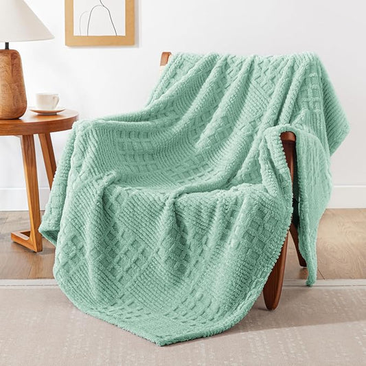 EXQ Home Fleece Throw Blanket for Couch or Bed - 3D Waffle Patchwork Pattern Jacquard Decorative Blankets - Cozy Soft Fuzzy Flannel Blanket Suitable for All Seasons(50"×60",Sage Green)