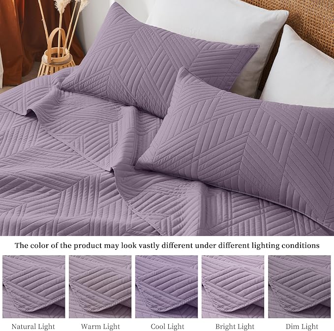 Davulos Full/Queen Quilt Set in Grayish Purple,Soft Reversible Microfiber Bedspread for All-Season Use,Lightweight Coverlet with Modern Geometric Pattern (1 Quilt, 2 Pillow Shams)