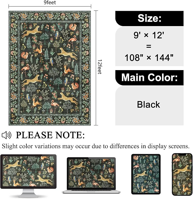 DUKINO 9x12 Area Rug for Living Room, Washable Animal Rug Non Slip, Black | Low Pile, Non-Shedding, Soft Indoor Large Carpet for Bedroom, Dining Room, Kids PlayRoom,Nursery, Farmhourse, Pet Friendly