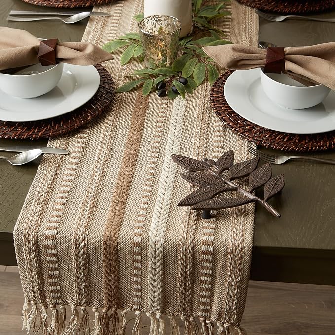 DII Farmhouse Braided Stripe Table Runner Collection, 15x72 (15x77, Fringe Included), Stone (Pack of 12)