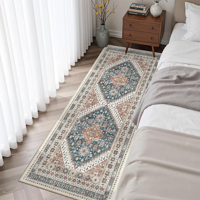 Madane Washable Runner Rug 2x6 Runners for Hallways Non Slip, Navy Blue | Vintage Stain-Resistant 6 Feet Kitchen Rug, Soft Low-Pile Ultra-Thin Floor Carpet Mat for Bathroom Laundry Room Bedroom 2x6ft