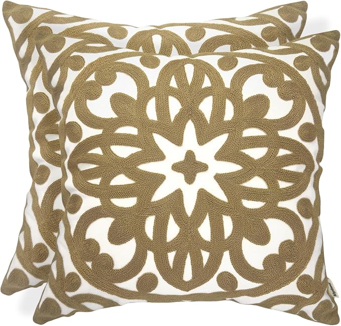 Alysheer Embroidered Summer Decorative Throw Pillow Covers 18"x18" Set of 2, Classic Boho Mandala Green Pattern Cotton Canvas Chic Cushion Cases for Sofa Couch Bed Living Room Decor (Taupe Khaki)