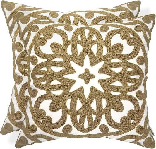 Green Boho Mandala Embroidered Pillow Covers 18x18 Inch Set of 2