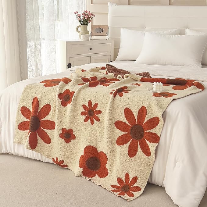Ultra Soft Cozy Daisy Sunflower Knitted Throw Blanket Fluffy Microfiber Checkerboard Bed Blanket Lightweight Both Sides Blanket for Couch Sofa Bed (Daisy, Throw 50“x60”)