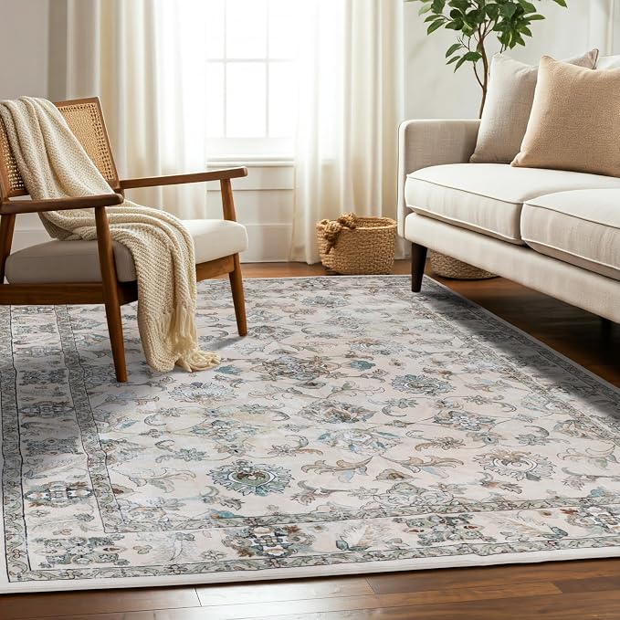 Machine Washable Area Rug, Soft & Durable, Non-Slip, Stain Resistant Rug for Bedroom, Living Room, Dining Room, High Traffic Areas. (Ivory, 9' X 12')