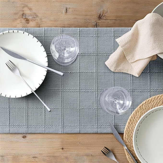 ZeeMart Linen Checked Farmhouse Table Runner, 13x72 Inches Chambray | Raised Grid Design, Rich Woven Texture, Linen Blend Table Runners 72 Inches Long, Machine Washable, Boho Home Kitchen Decor