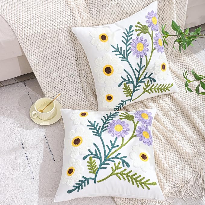 Embroidered Throw Pillow Covers 18x18 Pack of 2 Floral Pillow Covers Farmhouse Pillow Case Outdoor Garden Cushion Case Summer Decorations for Home (Purple and White Flower)