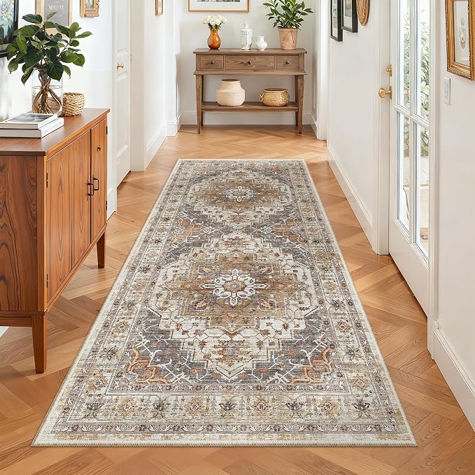 Madane Washable Runner Rug 3x6 Runners for Hallways Non Slip, Turmeric/Grey | Vintage Stain-Resistant 6 Feet Kitchen Rug, Soft Low-Pile Ultra-Thin Floor Carpet Mat for Bathroom Laundry Room Bedroom 2x6ft
