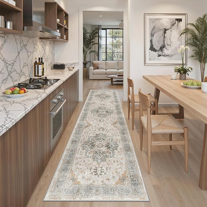 Madane Hallway Runner Rug 2x8 Washable Kitchen Rugs Soft, Light Taupe Brown | Vintage Machine Washable Low-Pile Floor Carpet 8ft, Non-Slip Thin Throw Entry Foyer Mat for Entrance Laundry Living Room