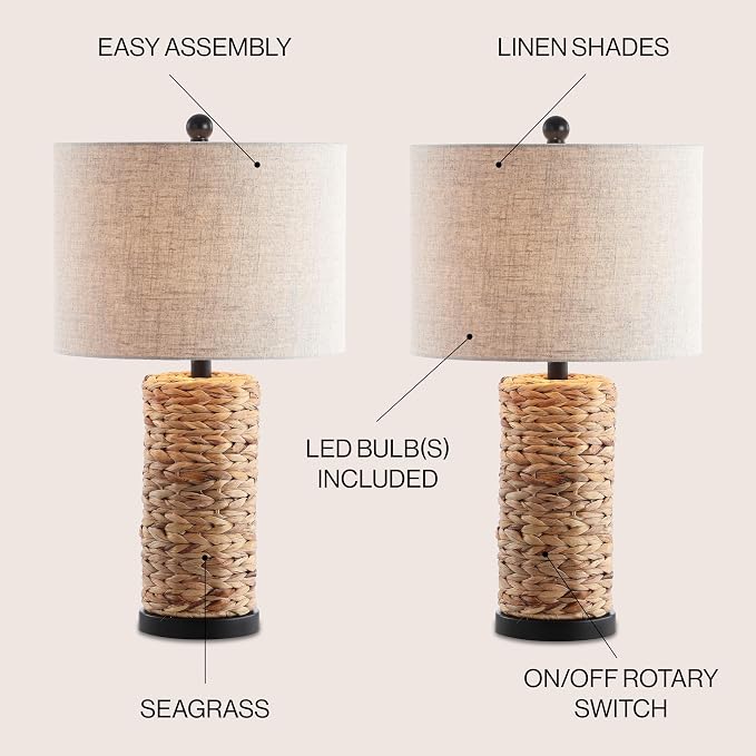 JONATHAN Y Elicia 25" Water Hyacinth Table Lamp, Natural, Set of 2