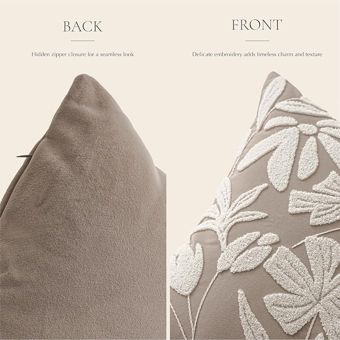 BlissBlush Decorative Lumbar Pillow Cover 12x20, Light Taupe Accent Velvet Throw Pillowcase for Couch Sofa Living Room, Floral Tufted Rectangular Cushion, Cover Only