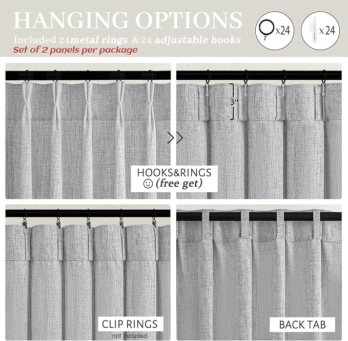 Pinch Pleat Extra Wide 70 Inch Curtains 96 Inches Long 2 Panels Set for Dining Room, Light Grey Memory Shape Natural Linen Light Filtering Windows Drapes Privacy Semi Sheer Country Curtain 8FT Length