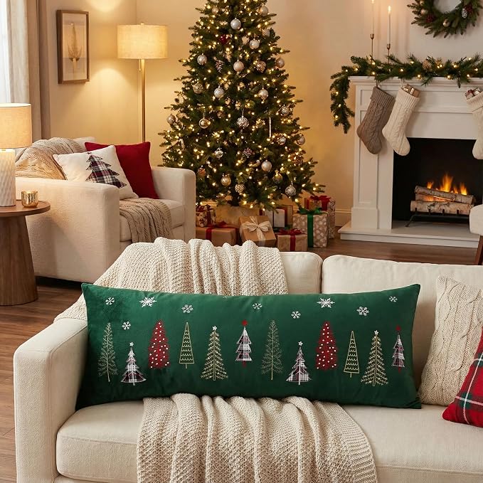 Christmas Embroidery Throw Pillow Covers 14 x 36 inch Christmas Dec Velvet Pillowcases Forest Green Xmas Tree Cushion Pillow Cases Soft Lumbar Holiday Pillowcase(1 Piece)
