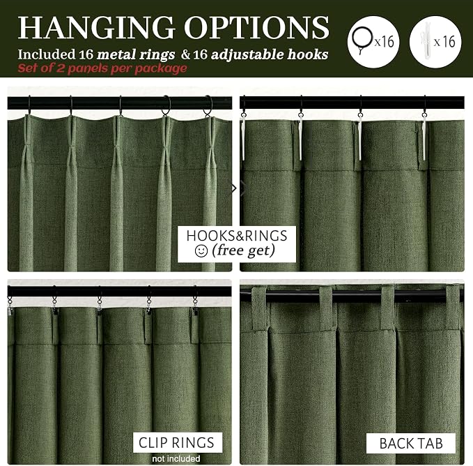 Olive Green Linen Curtains 96 Inches Long 2 Panels Set, Modern Aesthetic Pinch Pleated Dark Academia Living Room Light Filtering Sheer Ceiling Track Curtains with Hooks Decor Drapes for Bedroom Window