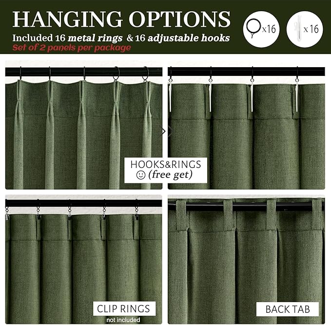Loden Pinch Pleated Floor to Ceiling Long Curtains 120 Length, Vintage Curtains for Bedroom 2 Panels Set with Hooks Dark Olive Green Linen Pretty Light Filtering Semi Sheer Drapes 10 FT Length