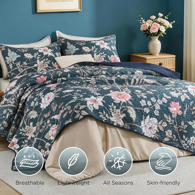 Litanika Floral Teal Quilt Oversized King - 3Pcs Botanical Birds Bed Set | Super King Plus Bedspread Summer Lightweight Soft Coverlet with Pink Flower for All Seasons(128"x120")