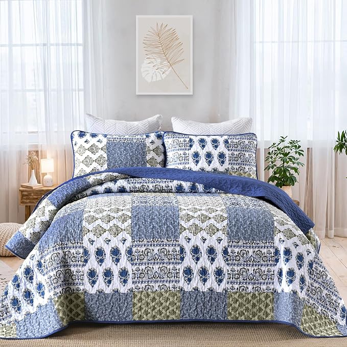 Mybedsoul Boho Quilt King Size, Patchwork Floral Bedding Set, Aqua Blue | Soft Lightweight Microfiber Reversible Coverlet Set, 3 Pieces Plaid Bedspread, Bed Sets for All Seasons 90"x110"