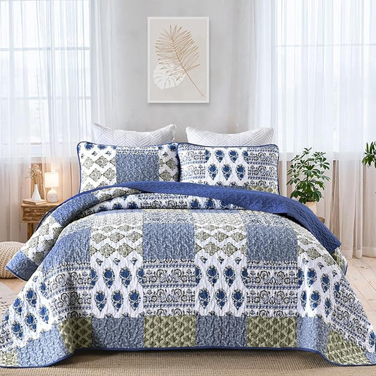 Mybedsoul Boho Quilts Queen Size, Floral Patchwork Bedding Set, Aqua Blue | Soft Lightweight Microfiber Coverlet Set, 3 Pieces Plaid Reversible Bedspread, Bed Sets for All Seasons 96"x90"
