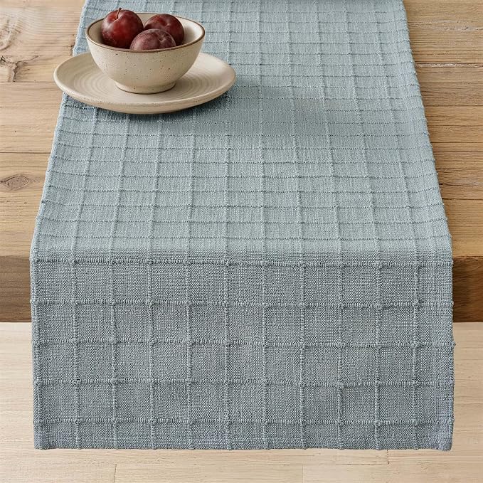 ZeeMart Artisanal Grid Linen Table Runner, 13x36 Inches Chambray | Heavy Textured, Durable Thick Fabric, Farmhouse Handwoven Feel Linen Runner, Easy Care Table Decor for Kitchen Dining Room