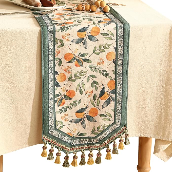 Patdrea Designer Vintage French Linen Table Runner,12"X87"-Palladin A | Tablerunner 87 Inches Long,Orange Floral Pattern,Thanksgiving Dining Table Decor for Living Room Banquet,Tassel Edge