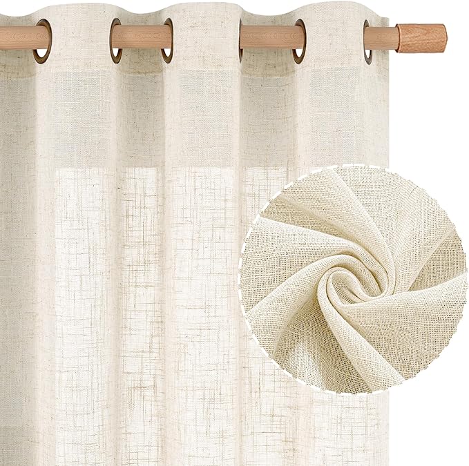Cream Ivory Sheer Linen Curtains 63 inch Length for Bedroom 2 Panels | Light Filtering, Living Room, Curtains for Farmhouse, Dining Room, Neutral Boho Window Drapes, Bronze Grommet, 52 x 63 Inch