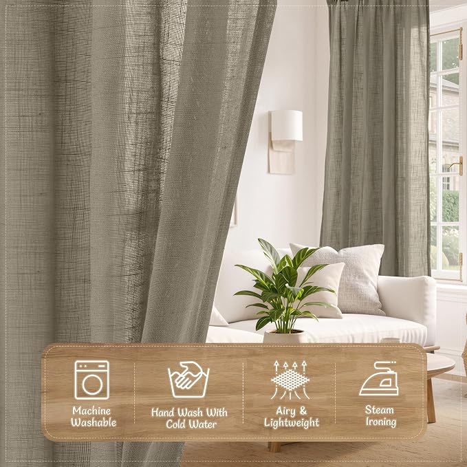 Taupe Linen Sheer Curtains 84 inch Long for Living Room, 52 x 84 Inch | Light Filtering Semi Sheer Panels, Window, Curtains for Bedroom, Sliding Glass Door, Back Tab Rod Pocket, 2 Panels