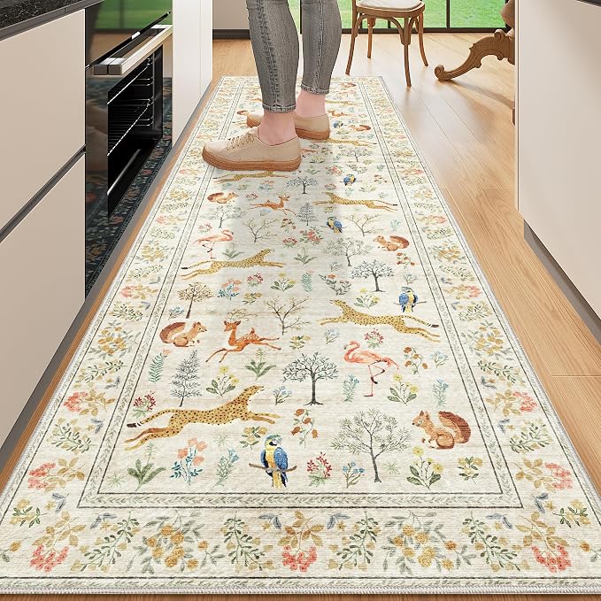 DUKINO 2x10 Kitchen Runner Rug, Soft Non Slip Animal Washable Rug, Beige | Low Pile, Non-Shedding Indoor Carpet Runner for Hallway, Entryway, Bedroom, Bathroom, Laundry, Pet Friendly, Stain Resistant