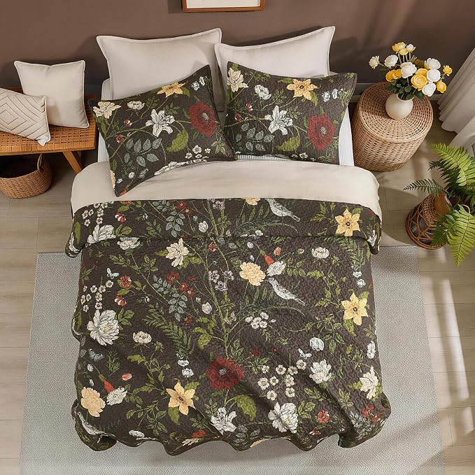 Litanika Floral Dark Brown Quilt Queen - 3Pcs Botanical Birds Bedding Set | Bedspread Summer Lightweight Soft Coverlet with Red Flower for All Seasons (96"x90")